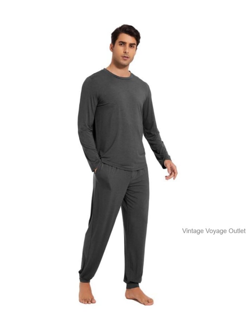 Men's Bamboo Viscose Pajama Set Long Sleeve Soft Cooling Lounge Sleepwear with